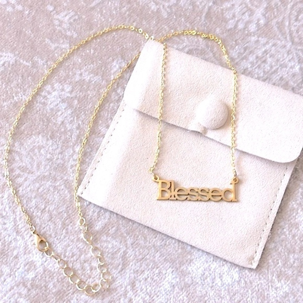 Brand New “Blessed” Gold Tone Word Necklace w/ Pouch
